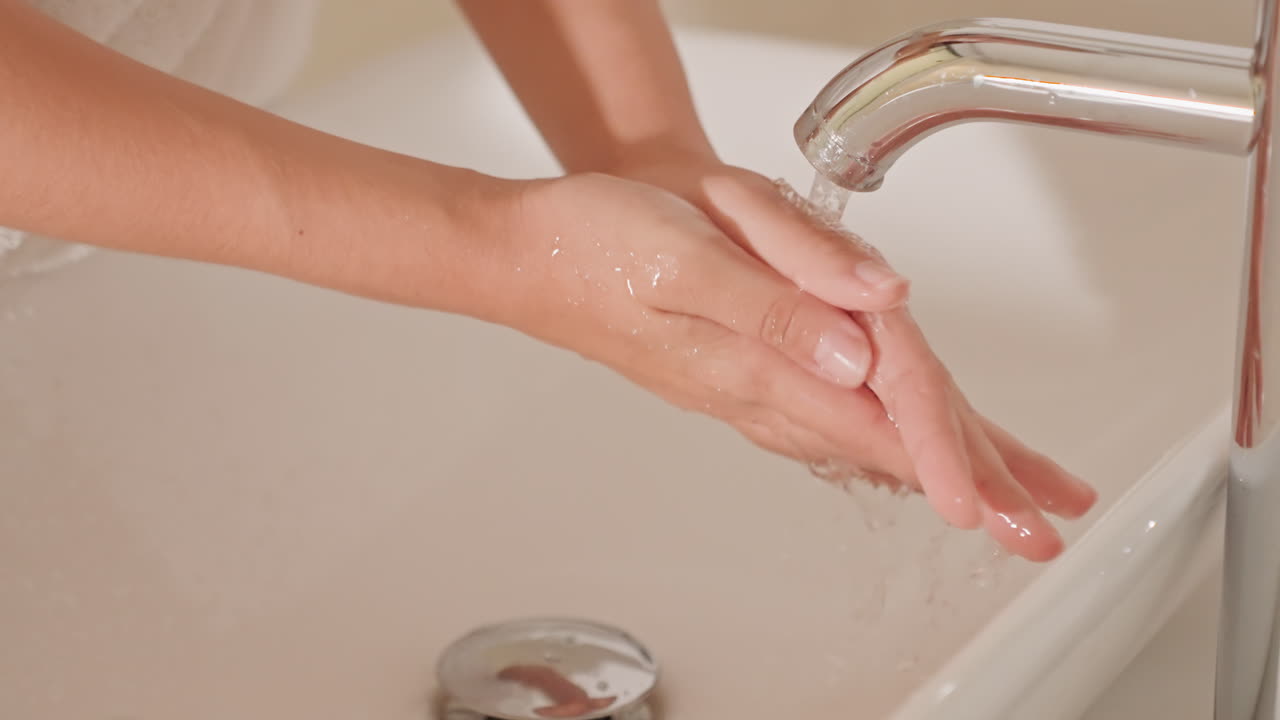Hotel basin closeup focused on hands firm rubbing between palms, water streaming from chrome faucet, suds sliding down, mindful hygiene routine, morning ritual for traveler, neutral tones and soft