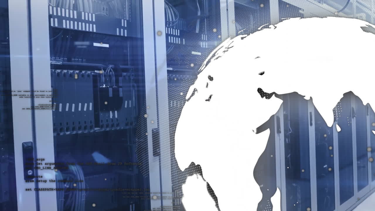 Animation of globe and data processing over computer servers