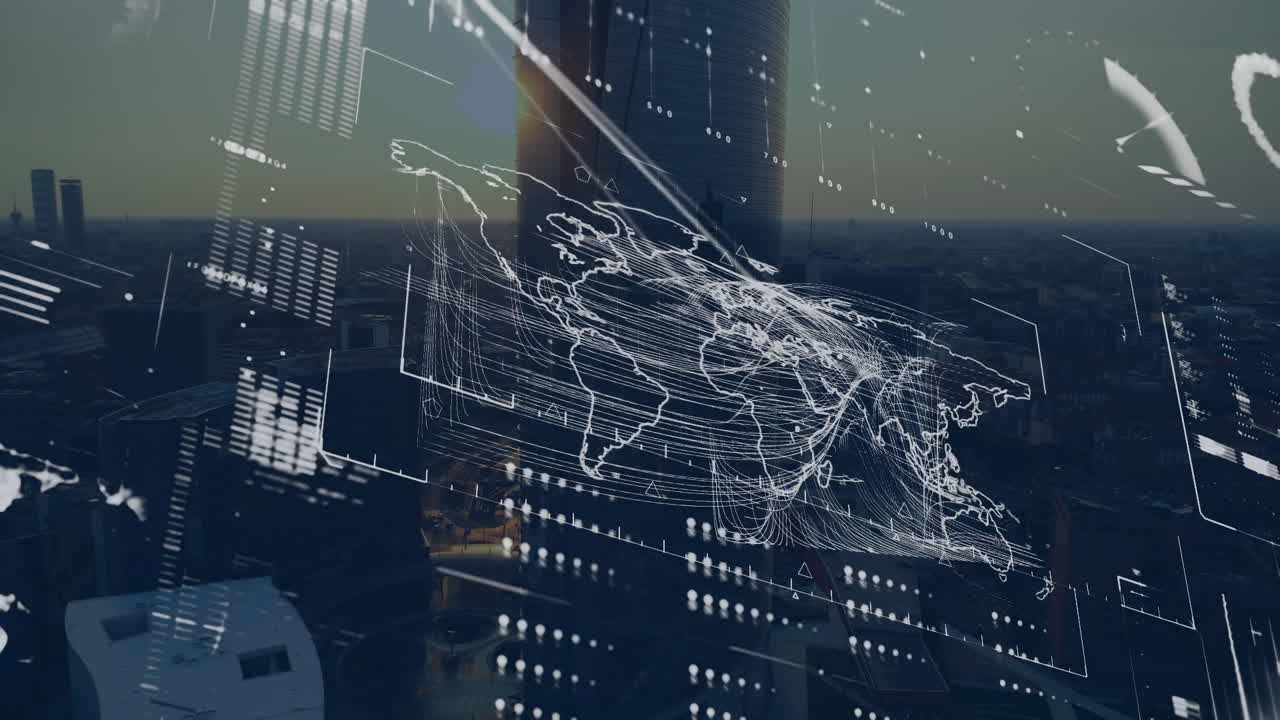 Animation of interface with data processing over world map against aerial view of cityscape