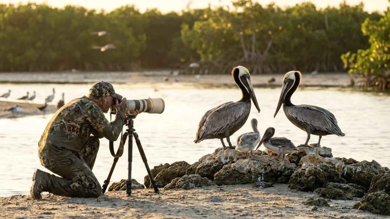 Fotografo naturalistico che immortala pellicani con teleobiettivo al tramonto