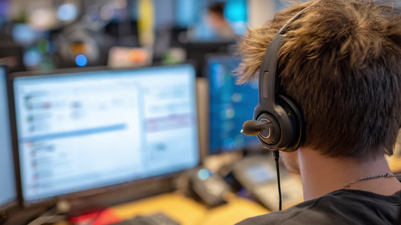 A focused individual wearing a headset engages with multiple computer screens, immersed in a virtual environment, suggesting a call center or professional gaming context