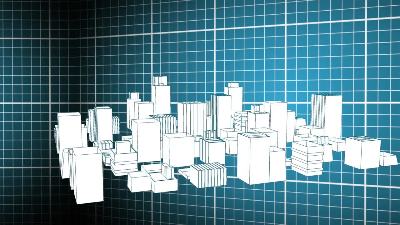 animación de arquitectura 3d dibujo de la ciudad moviéndose sobre la cuadrícula