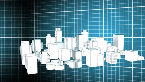 Animation-Einer-3D-Architektur-Stadtzeichnung,-Die-Sich-über-Das-Gitter-Bewegt