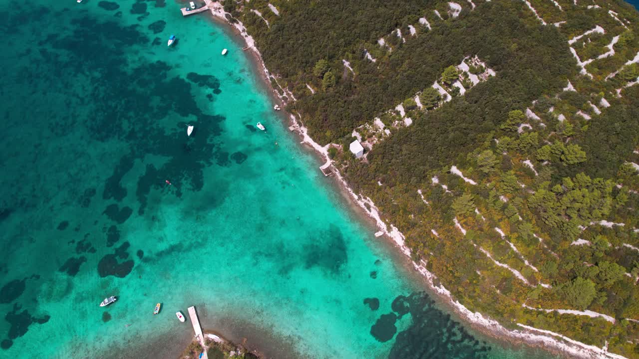 Boats At Kneza Harbour In Kneza Bay Near Korcula Town, Croatia. Aerial Topdown Shot