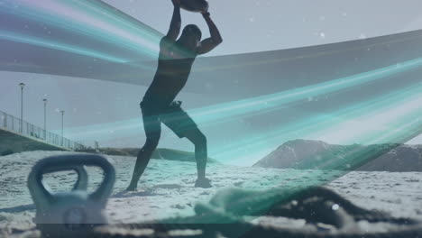 animación de senderos sobre hombre afroamericano haciendo ejercicio en la playa