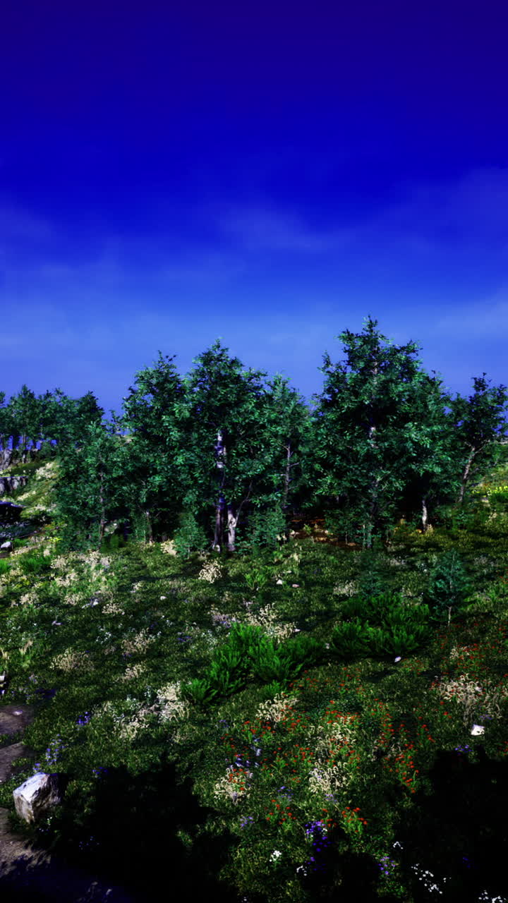 Lush green forest landscape under a vivid blue sky at twilight