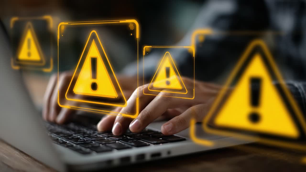 Warning Signals: Analyzing Cybersecurity Alerts While Typing on a Laptop with Enhanced Visual Effects of Cautionary Icons Representing Risks and Precautions