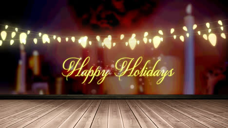 Happy-holidays-text-and-glowing-yellow-fairy-light-decoration-hanging-over-wooden-plank