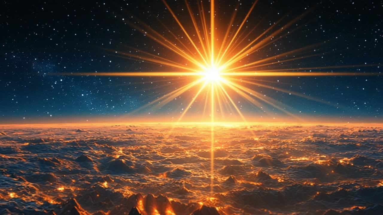 Beauty of sunrise above the clouds. A stunning sunrise lights up the horizon, casting rays over soft clouds and creating a serene atmosphere.