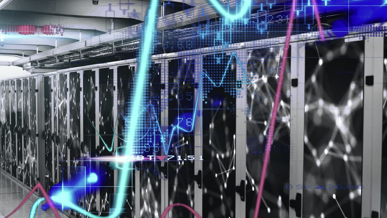 Animation of financial data processing and network of connections over computer server room