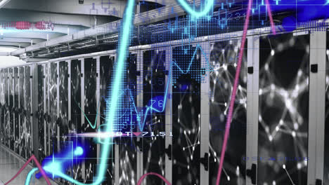animación del procesamiento de datos financieros y red de conexiones a través de la sala de servidores informáticos
