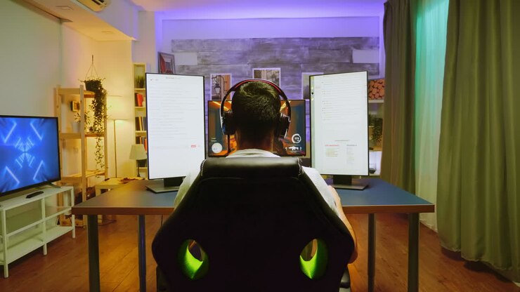 Vista posteriore di un pro gamer con cuffie che celebra la vittoria.