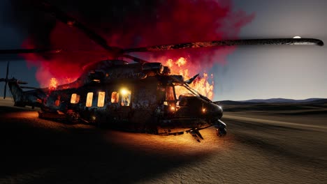 burned-military-helicopter-in-the-desert-at-sunset