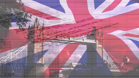 Animation-of-data-processing-over-flag-of-united-kingdom-and-london