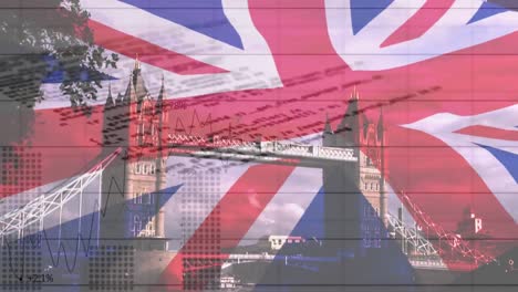 animation of data processing over flag of united kingdom and london