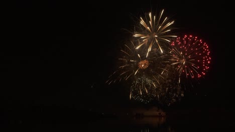 colorful barrage of fireworks display illuminates lakeside night sky