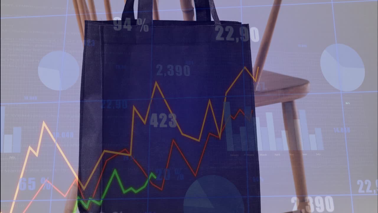 Tote bag hanging centered while charts animating and hand steadying bag to visualize market trends
