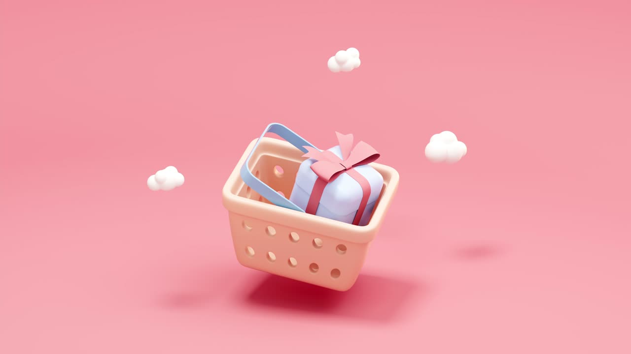 쇼핑 바구니와 선물의 루프 애니메이션, 3d 렌더링