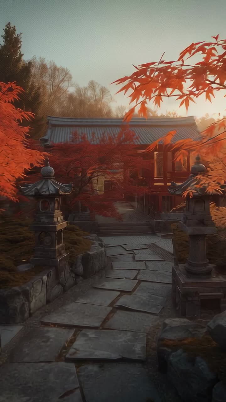 Video verticale: sole che sorge e che irradia un sentiero in un giardino di un tempio con lanterne di pietra retroilluminate