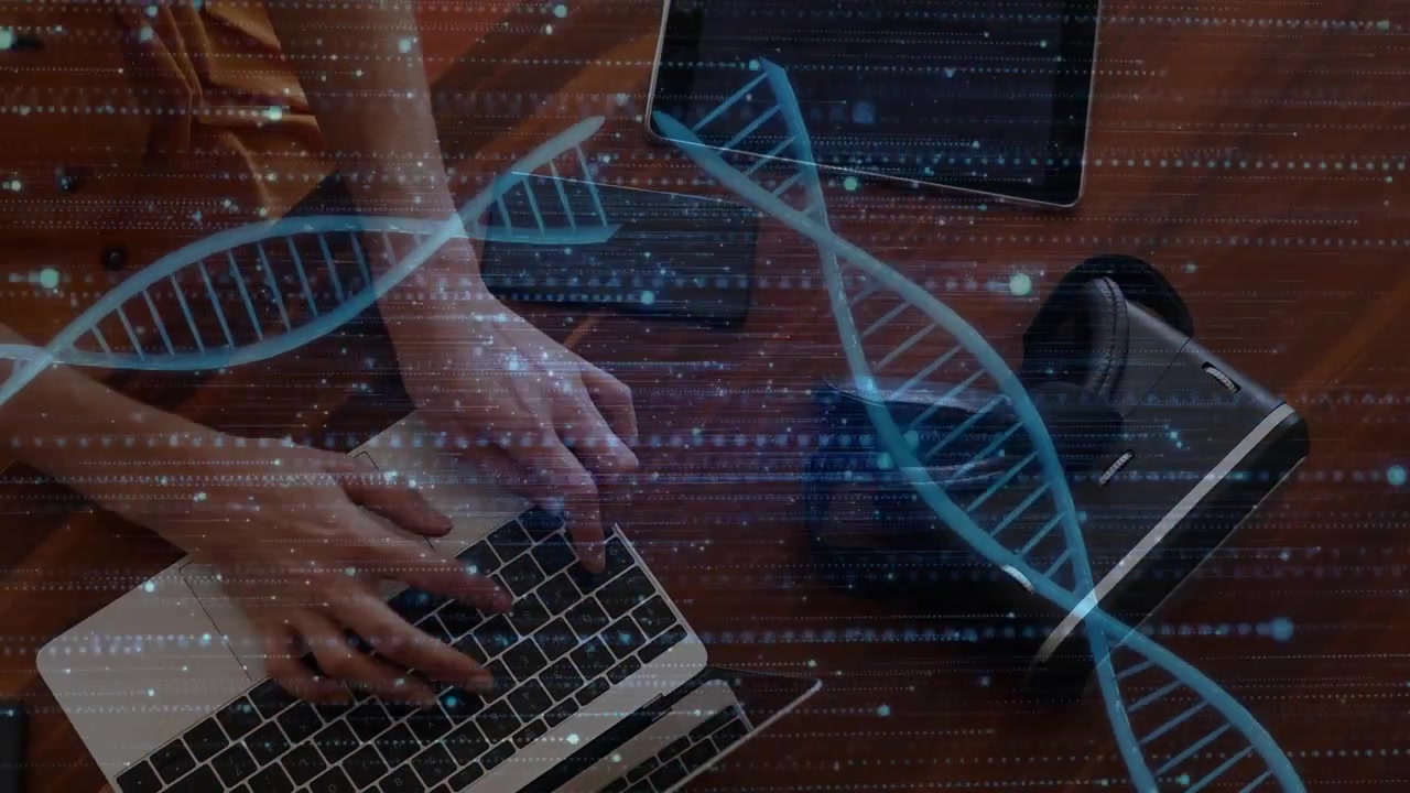 Woman typing laptop keys, starting animated DNA helix and data lines crossing hands for research