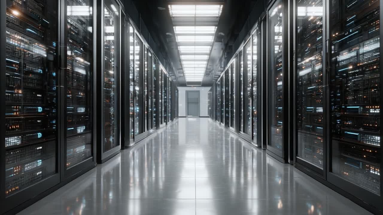 A High-Tech Data Center with Rows of Server Racks, Illuminated by Soft Lighting, Showcasing the Infrastructure of Modern Computing and Data Storage Solutions