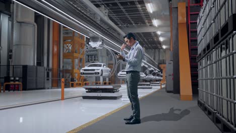 vista lateral completa del cuerpo de un trabajador profesional masculino asiático de pie con su teléfono en la fábrica de automóviles ev, instalación industrial de alta tecnología, está asintiendo con la cabeza con decepción