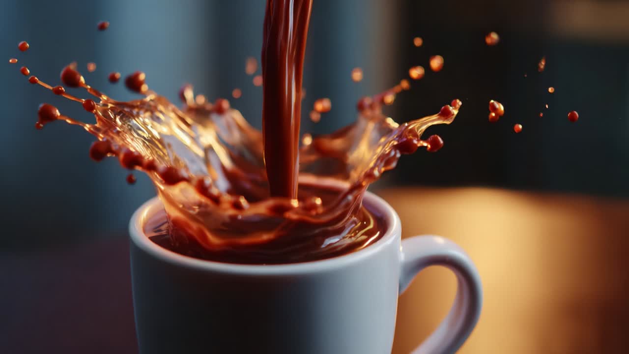 Captivating Moment of Hot Chocolate Pouring and Splashing into a White Mug, Highlighting the Fluid Motion and Rich Texture of the Beverage, Perfect for Invoking Warmth and Comfort in Every Sip