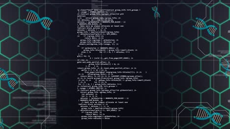 animación de cadenas de adn y procesamiento de datos sobre un fondo negro