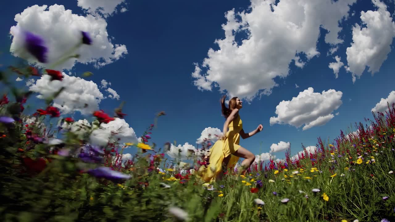 Low-angle video shot of a woman in a flowing yellow dress walking through a vibrant flower field