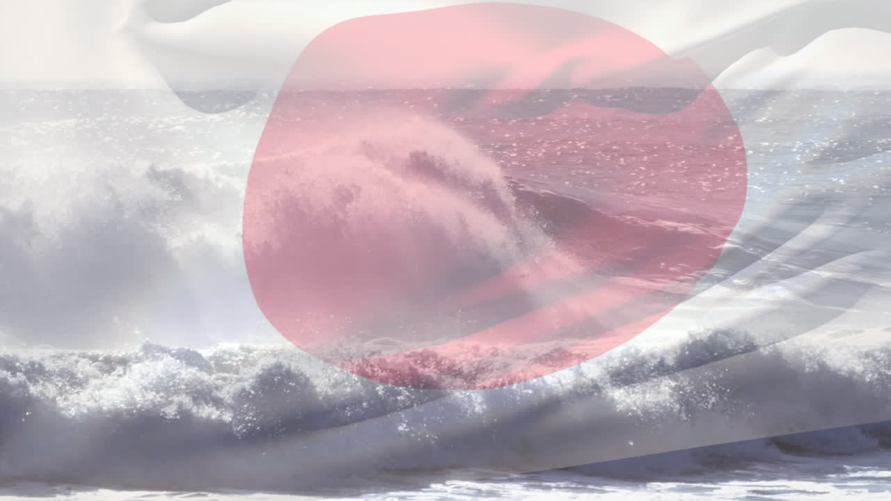 composición digital de ondear la bandera de japón contra las olas en el mar