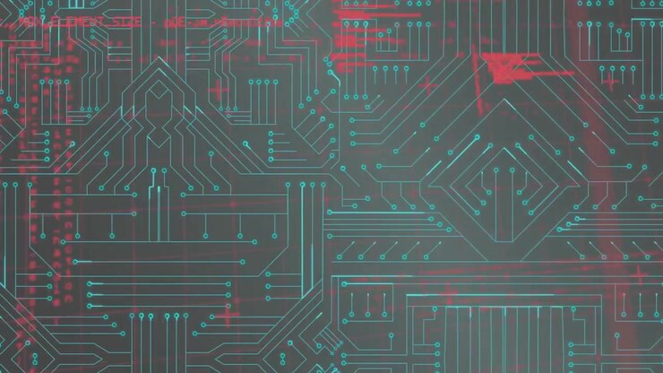 Animation of computer circuit board over data processing on black background