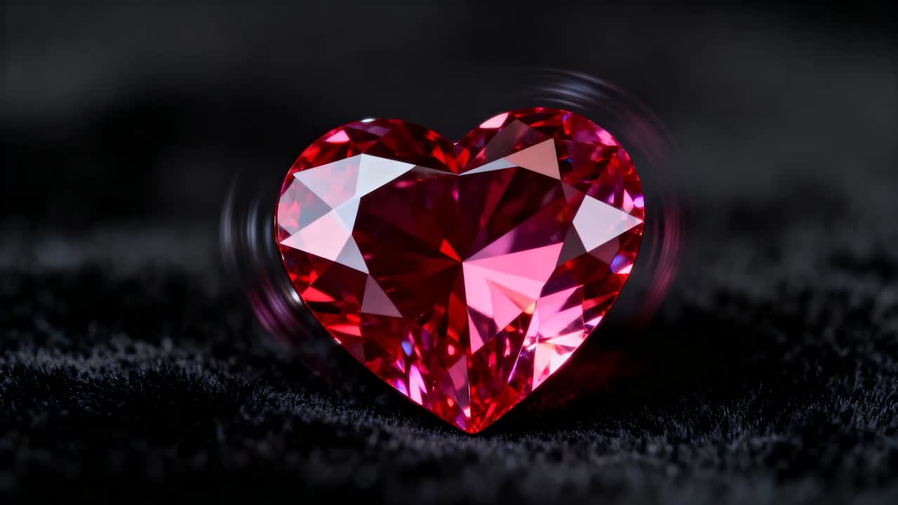Glittering heart gem showing shifting highlights on black plush, rotating base causing glints right