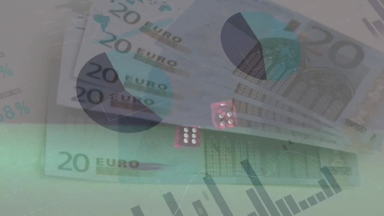 은행권과 주사위에 대한 데이터 처리의 애니메이션