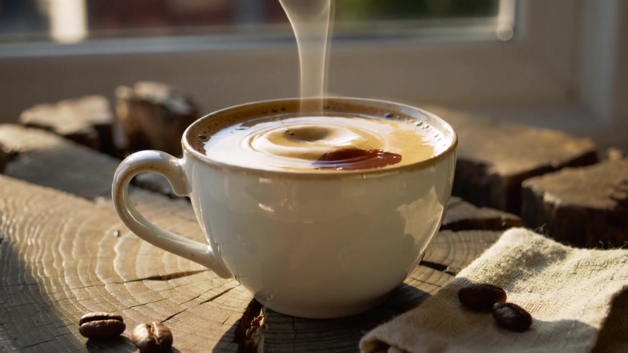 Stigende damp over hvid kop efter hældning, danner cremaskum på træstub nær vindue, kaffebønneserviet