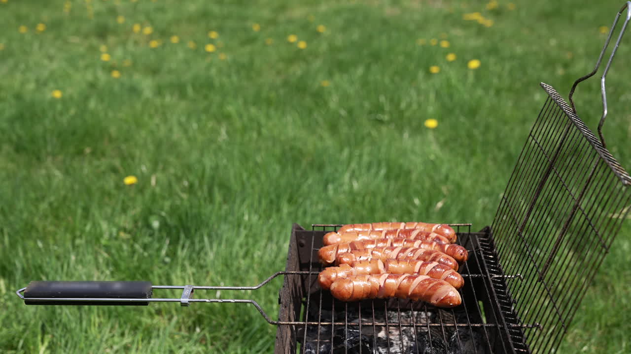 Delicious barbecue on green grass background. Hot dog sausages frying on a grill plate outdoors. Roasting food on barbeque grill for picnic.