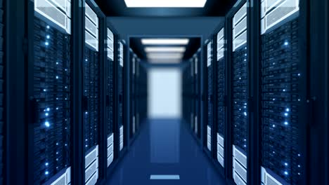 movimento senza interruzioni attraverso i rack del server colore blu nel data center dof blur. bellissima animazione 3d in loop con luci di computer lampeggianti. concetto di tecnologia cloud big data.