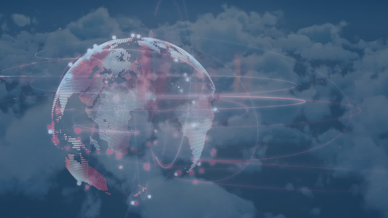 배경에 구름 위의 지구와 연결 네트워크의 애니메이션