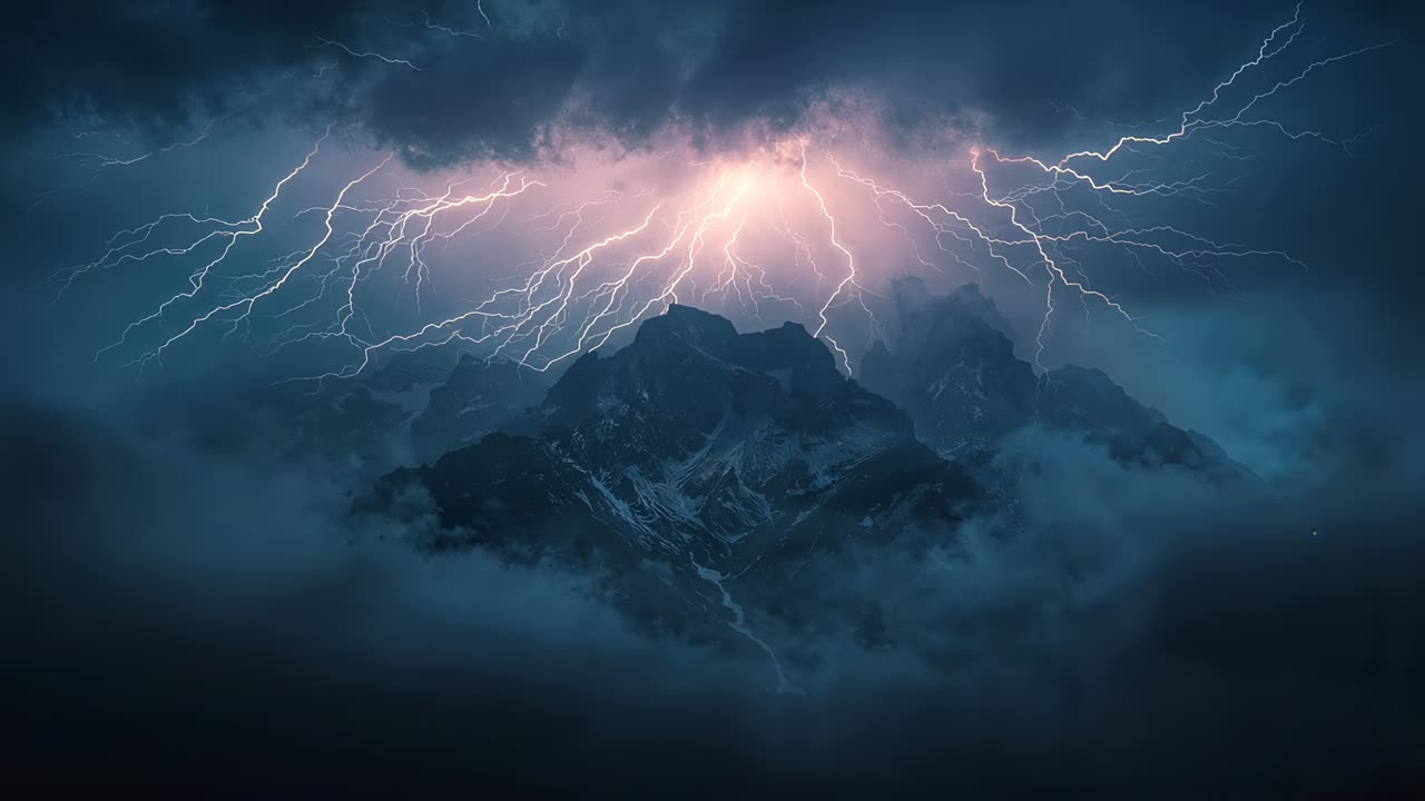 Standing central jagged ridge taking purple flash, lightning streaking, showing snow and fog