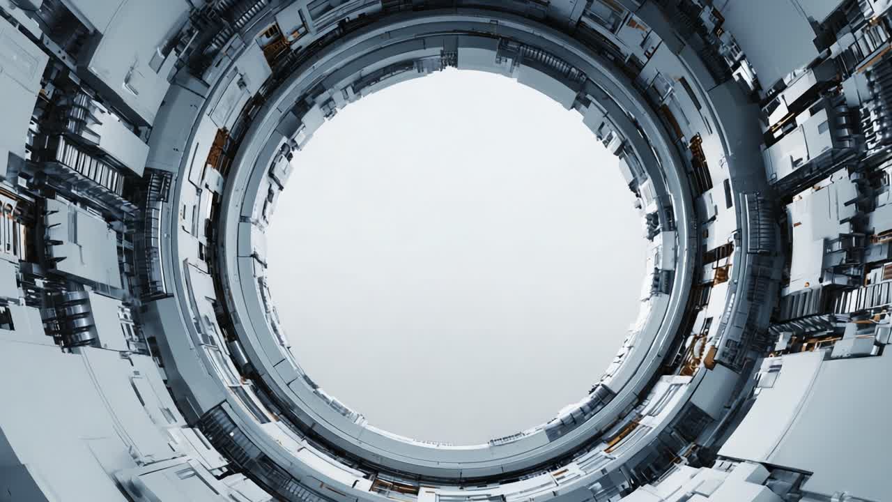 Un framework circolare futuristico che mette in mostra elementi di ingegneria high-tech e design intricato, a simboleggiare concetti tecnologici avanzati e strutture innovative