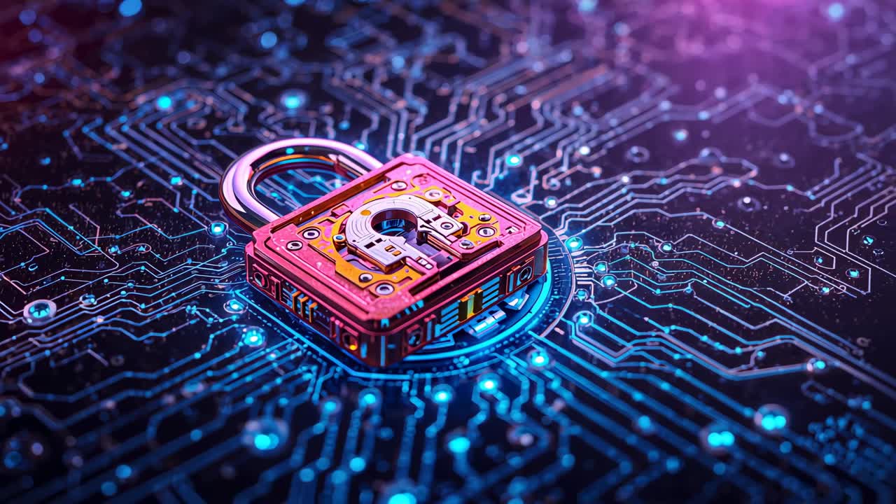 Opening closeup leading camera circling mechanical padlock on lit circuit board revealing data flow