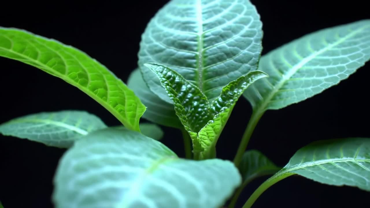 A Close-Up View of Lush Green Leaves Showcasing the Intricate Texture and Vibrant Color of a Thriving Plant in a Dark Background