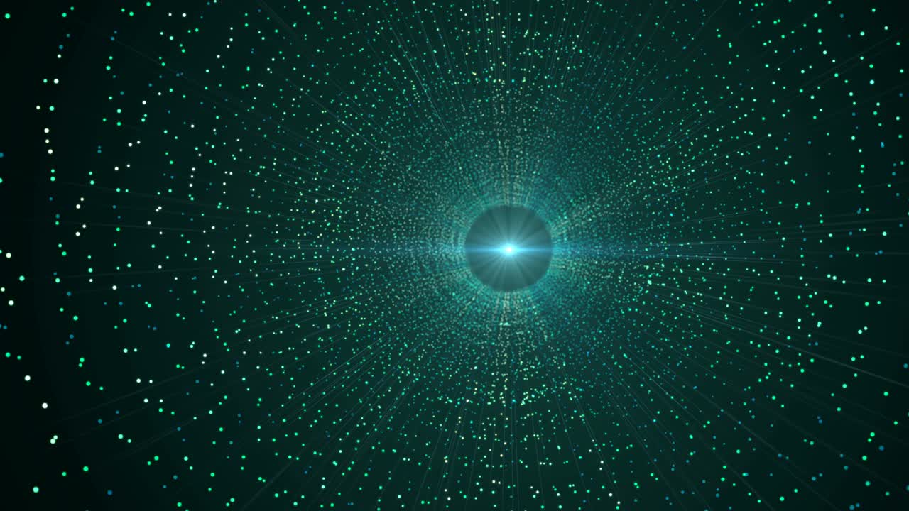 vuela a través de coloridos puntos de partículas púrpuras y azules túnel con destello de lente. animación de fondo moderna y futurista