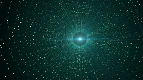 fly through colorful purple and blue particle dots tunnel with lens flare. modern, futuristic background animation