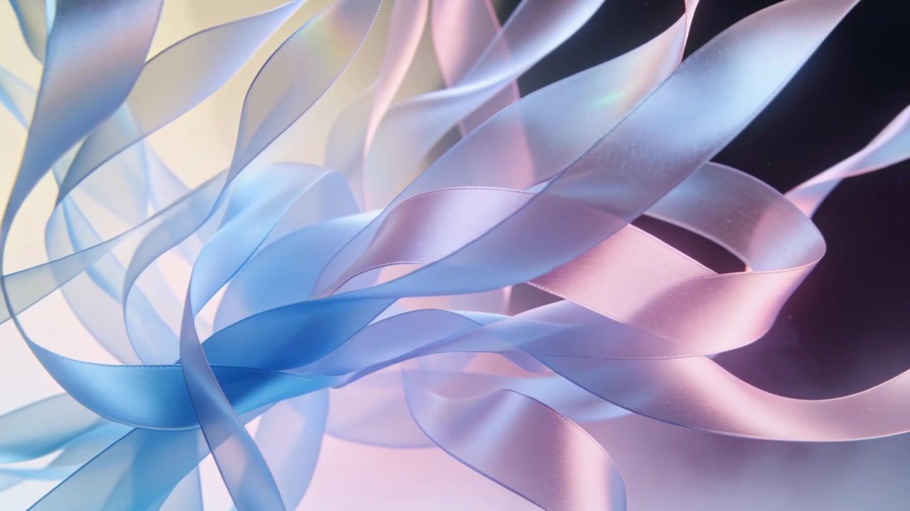 Camera moving closer, breeze nudging sheer satin ribbons drifting across gradient with prism