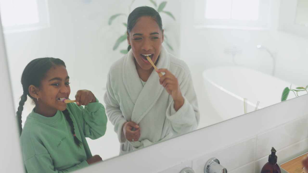 Mother, learning or girl in bathroom brushing