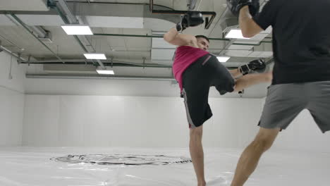 el luchador golpea con un giro durante la rotación de la pierna. el entrenador sostiene las patas para el entrenamiento de kickboxer antes de la pelea
