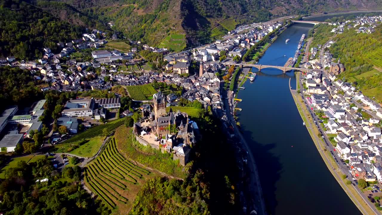 Aerial footage from Cochem castle in Western Germany during a sunny late summer day