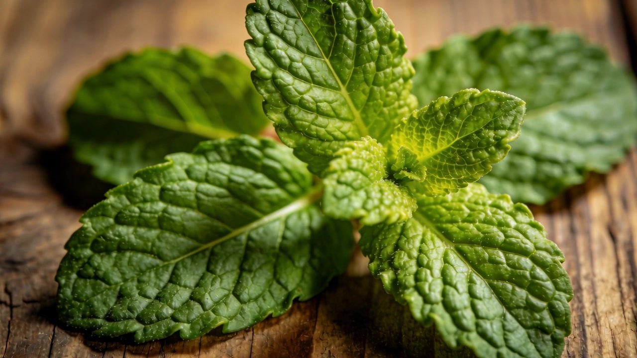 Telecamera che zooma rivelando un rametto di menta fresca su legno stagionato, evidenziando la texture della foglia centrale.