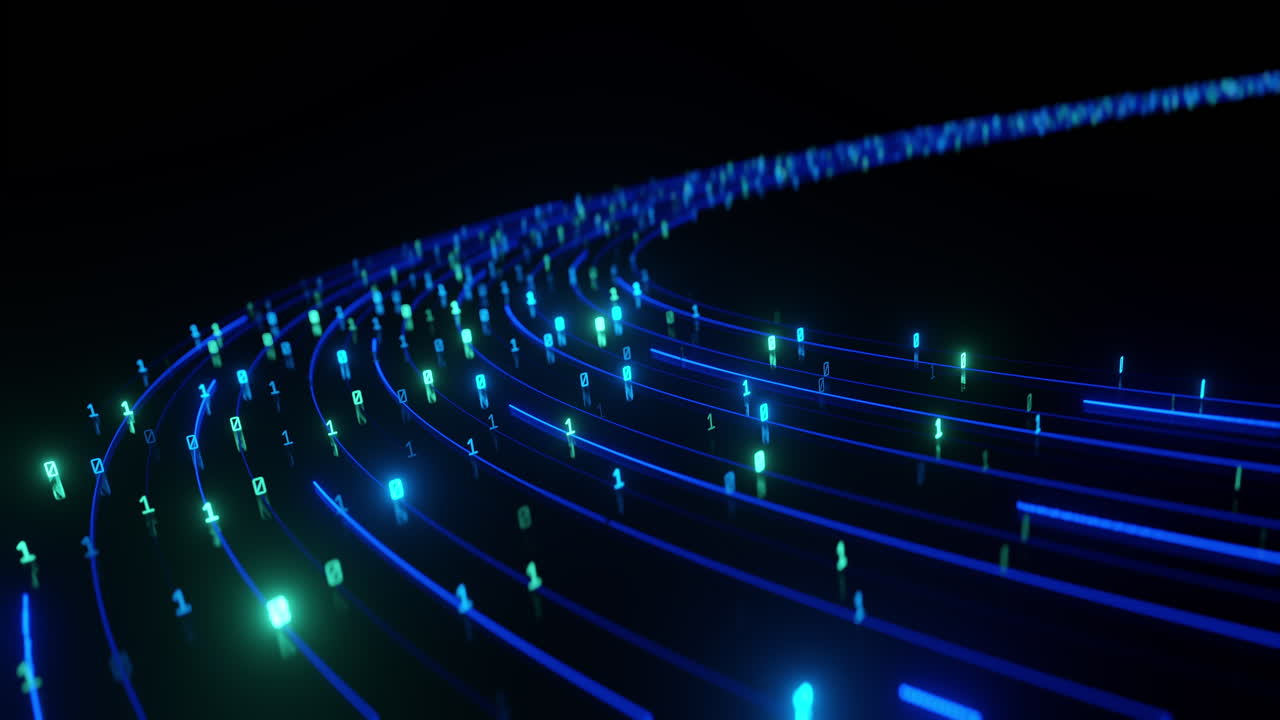 3D glowing binary code flowing along curved light trails on dark background, visualizing data transmission, digital communication, and futuristic technology in motion