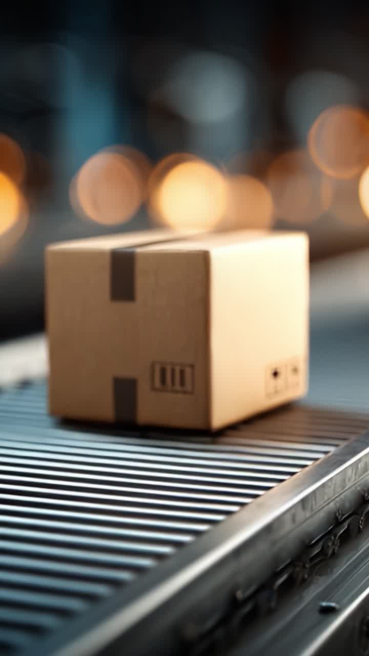 Effizienter Verpackungsprozess: Eine Nahaufnahme eines Kartons, der auf einem Förderband in einer Lagerumgebung transportiert wird